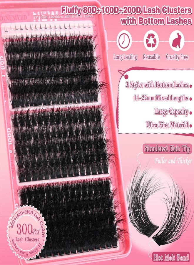 FOINEMYED Lash Clusters with Bottom Lashes Thick 80D+100D+200D Volume Eyelash Clusters 14-20mm Lash Clusters 3 Style D Curly Individual Eyelash 300pcs DIY Lash Extension for Beginners by FOINEMYED - Image 2
